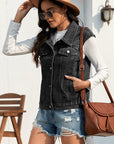 Collared Neck Sleeveless Denim Jacket