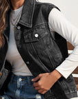 Collared Neck Sleeveless Denim Jacket