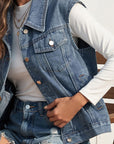 Collared Neck Sleeveless Denim Jacket