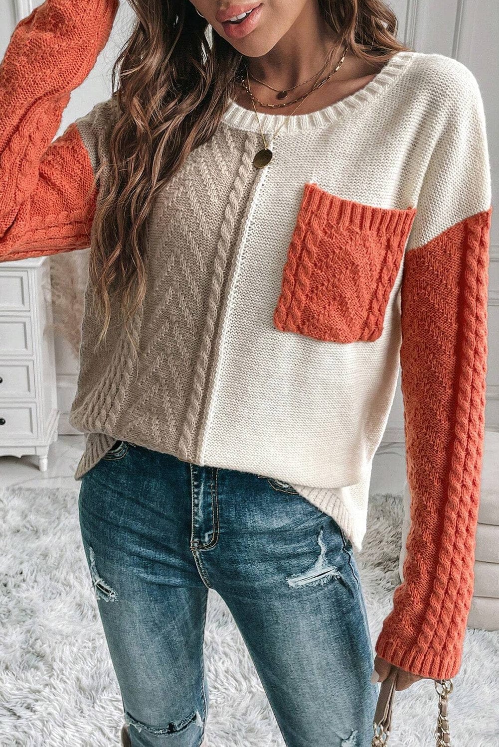 Gray Color Block Round Neck Long Sleeve Sweater