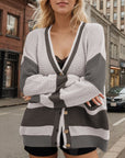 Dim Gray Contrast Button Up Long Sleeve Cardigan