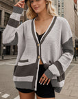 Slate Gray Contrast Button Up Long Sleeve Cardigan