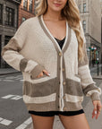 Dim Gray Contrast Button Up Long Sleeve Cardigan