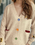 Contrast Button V-Neck Long Sleeve Cardigan