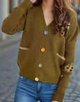 Contrast Button V-Neck Long Sleeve Cardigan