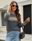 Contrast Round Neck Long Sleeve Sweater