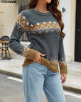 Contrast Round Neck Long Sleeve Sweater