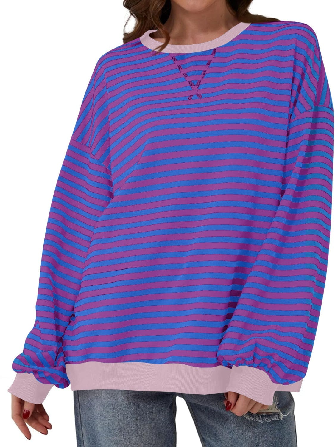 Dark Slate Blue Contrast Striped Long Sleeve Sweatshirt