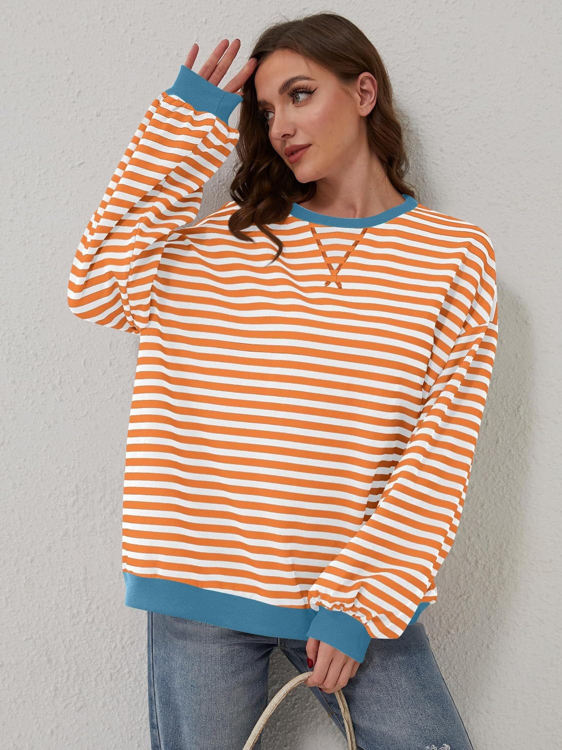 Gray Contrast Striped Long Sleeve Sweatshirt