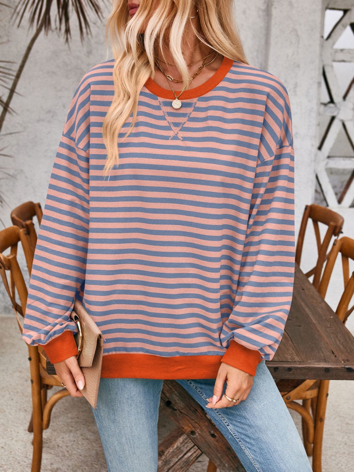 Dark Gray Contrast Striped Long Sleeve Sweatshirt