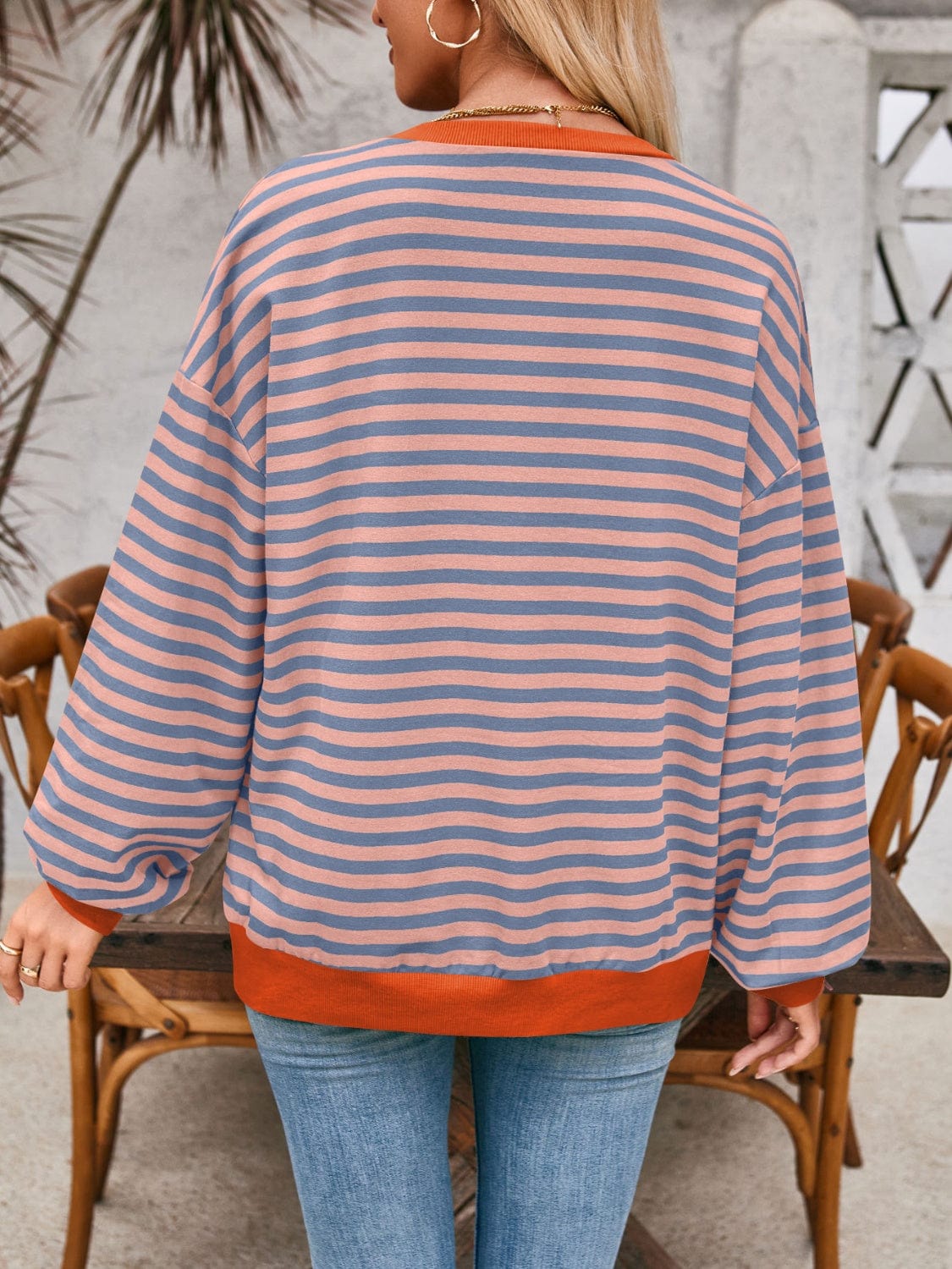 Rosy Brown Contrast Striped Long Sleeve Sweatshirt