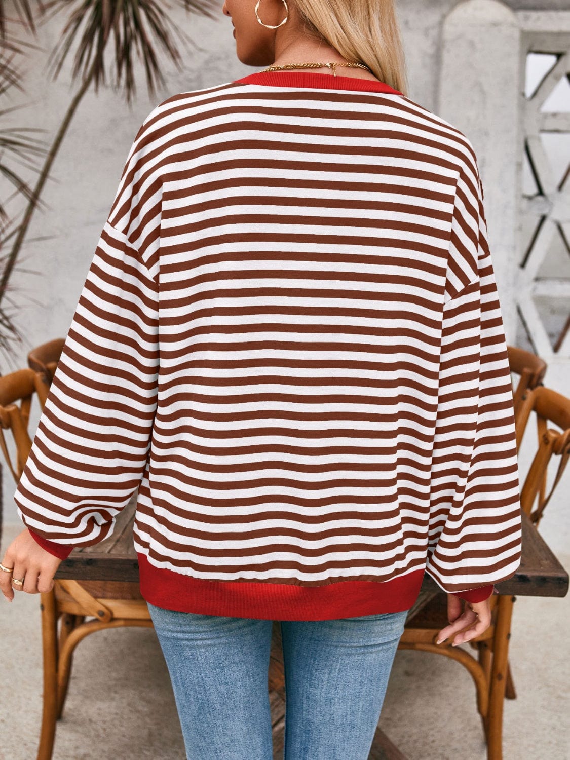 Gray Contrast Striped Long Sleeve Sweatshirt