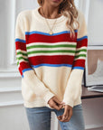 Contrast Stripes Round Neck Long Sleeve Sweater