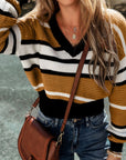 Contrast Stripes V Neck Long Sleeve Sweater