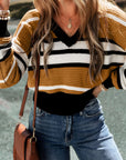 Contrast Stripes V Neck Long Sleeve Sweater