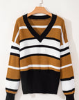 Contrast Stripes V Neck Long Sleeve Sweater