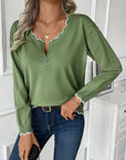 Contrast Trim Quarter Zip Long Sleeve Knit Top