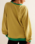 Dark Goldenrod Contrast Trim Round Neck Long Sleeve Sweatshirt