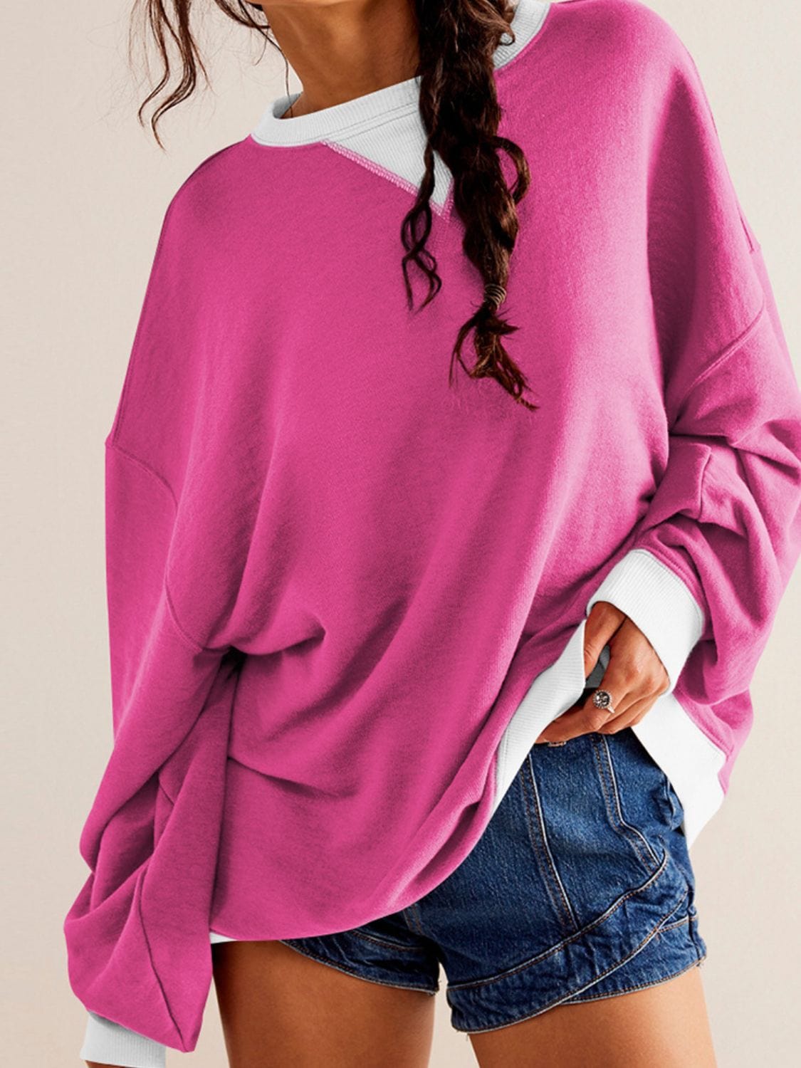 Maroon Contrast Trim Round Neck Long Sleeve Sweatshirt