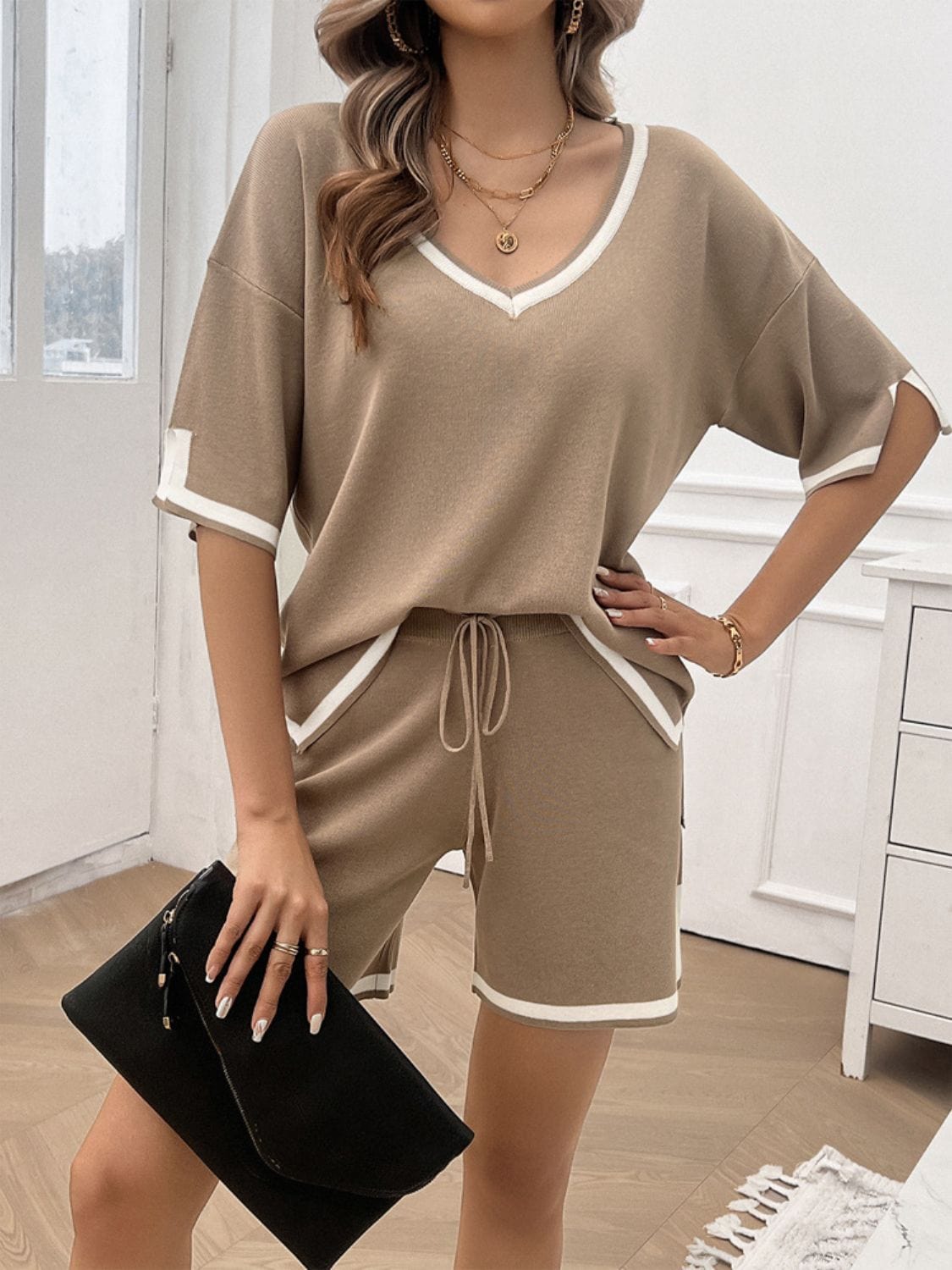 Rosy Brown Contrast Trim V-Neck Top and Shorts Set