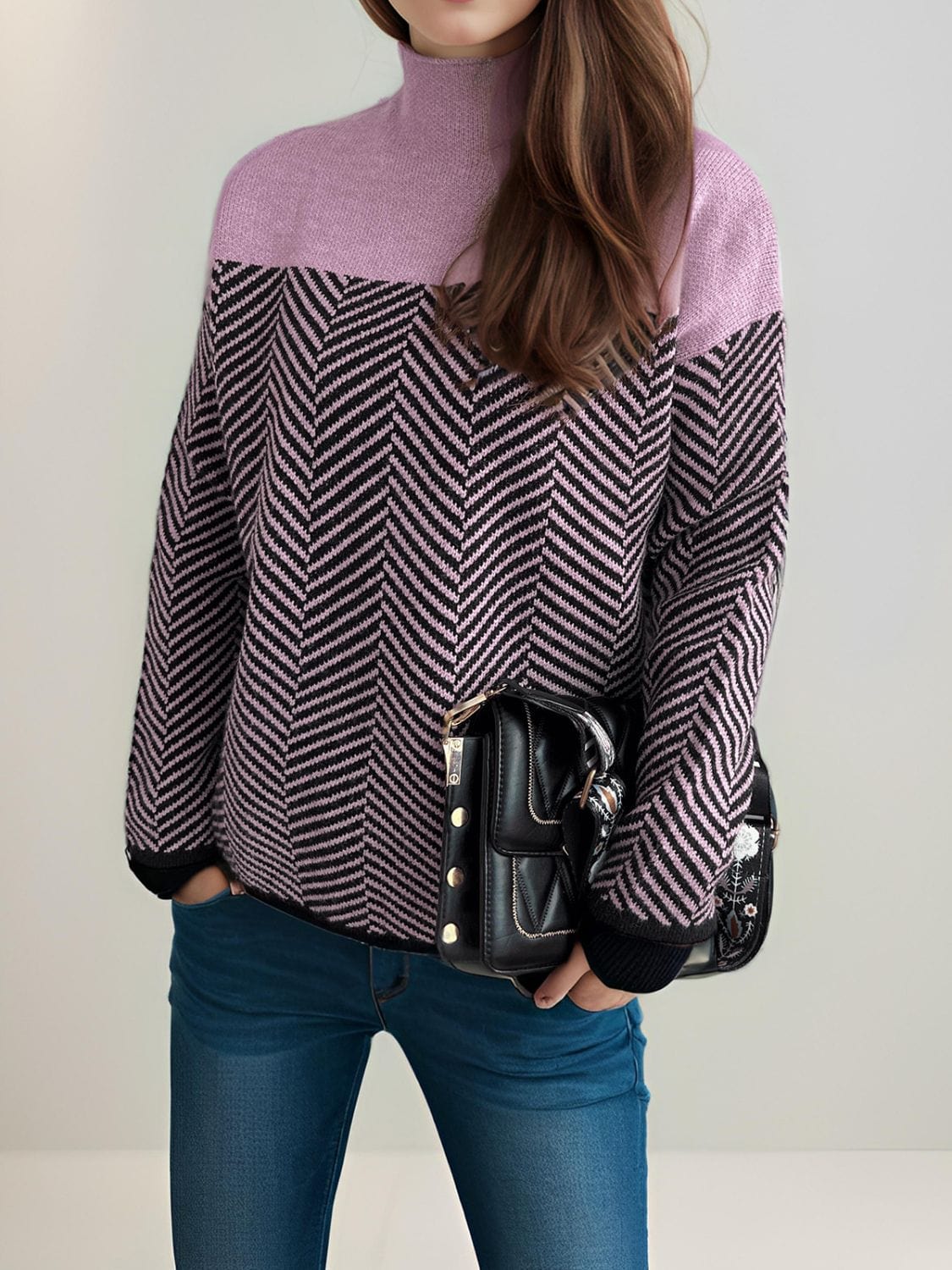 Contrast Turtleneck Long Sleeve Sweater