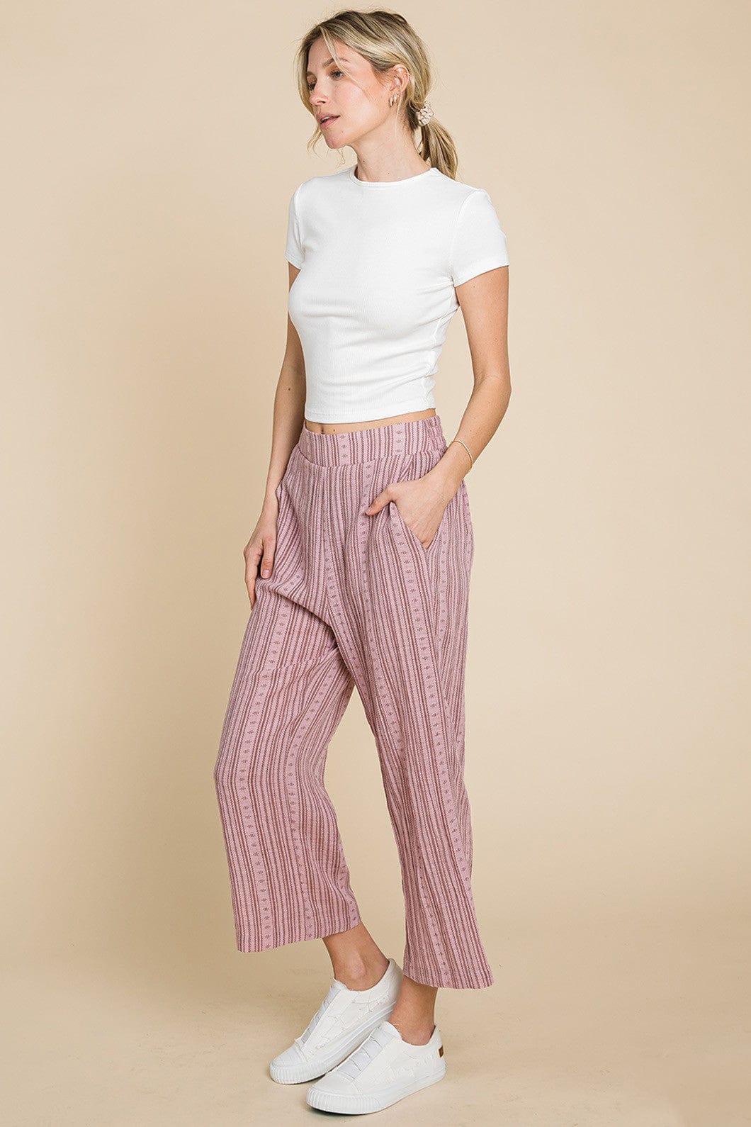 Gray Cotton Bleu by Nu Lab Striped Elastic Waist Wide Leg Pants