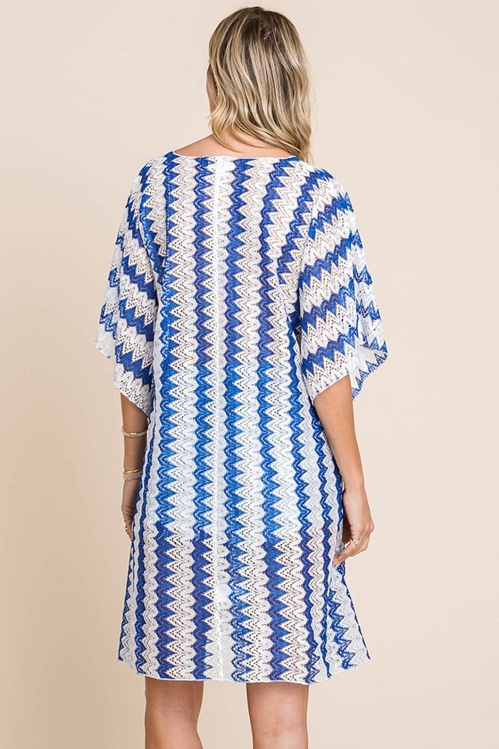 Light Gray Cotton Bleu by Nu Lab Tied Striped Plunge Half Sleeve Cover-Up