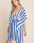 Light Gray Cotton Bleu by Nu Lab Tied Striped Plunge Half Sleeve Cover-Up