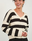 HYFVE Contrast Striped Cropped V-Neck Sweater