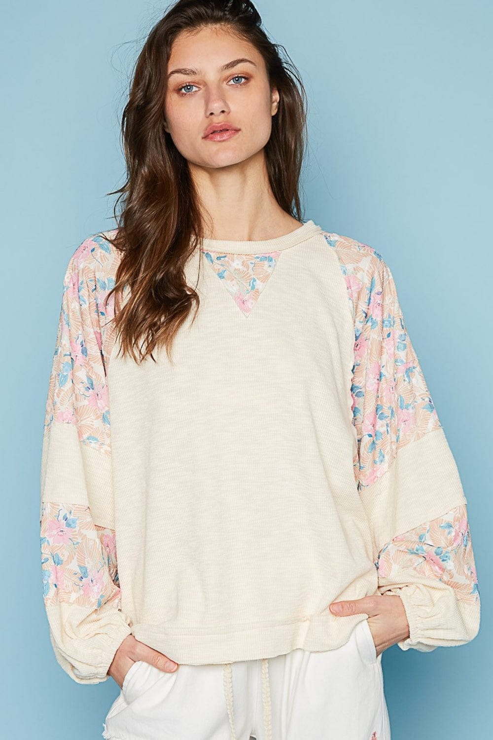 Light Gray POL Round Neck Balloon Floral Long Sleeve Top