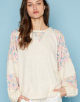 Light Gray POL Round Neck Balloon Floral Long Sleeve Top