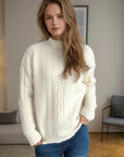 Cable-Knit Mock Neck Dropped Shoulder Sweater