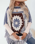 Fringe Geometric Long Sleeve Poncho