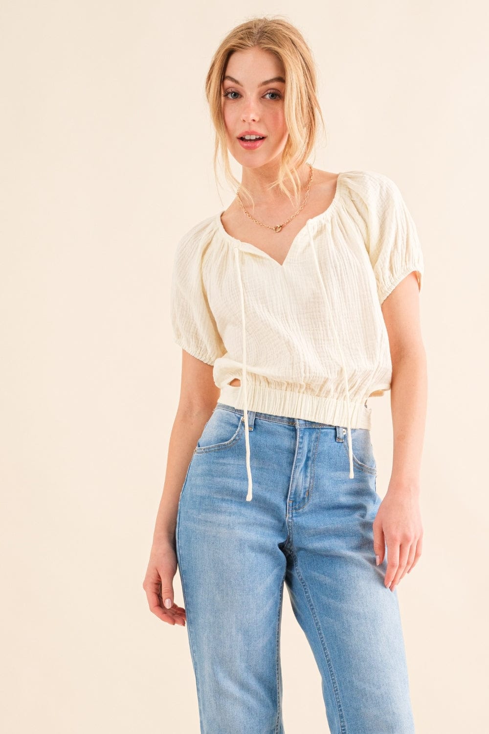 Antique White And The Why Back Waist Tie Cropped Blouse