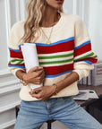 Contrast Stripes Round Neck Long Sleeve Sweater