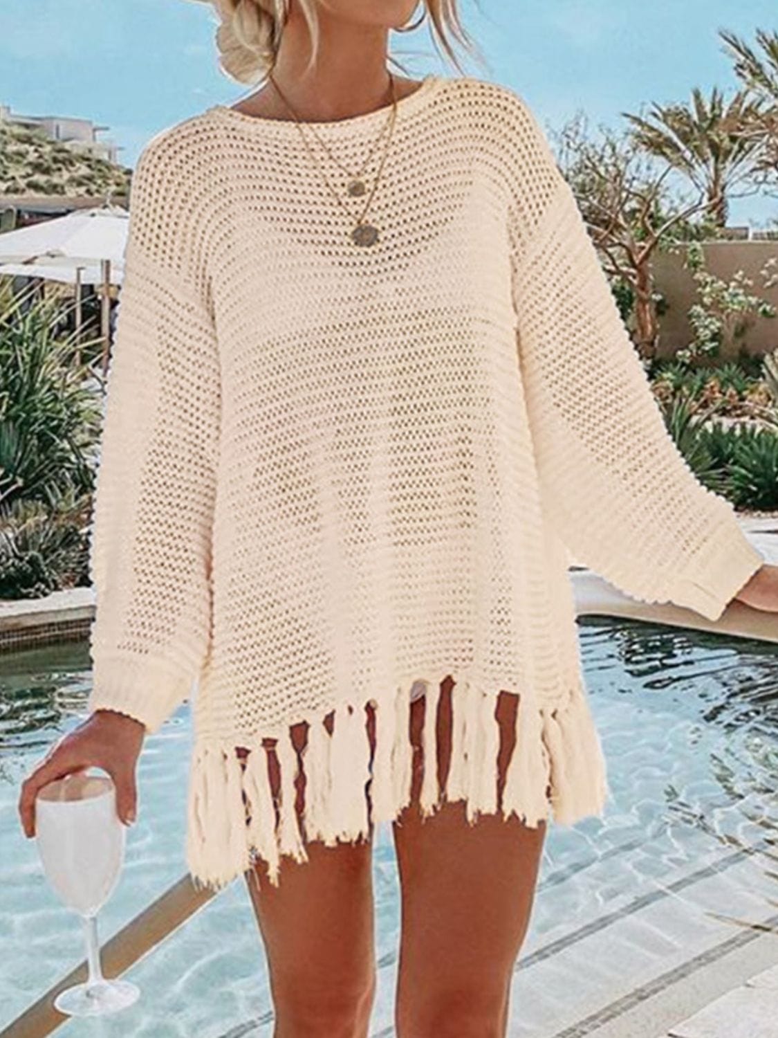 Gray Double Take Openwork Tassel Hem Long Sleeve Knit Cover Up