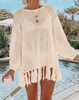 Gray Double Take Openwork Tassel Hem Long Sleeve Knit Cover Up