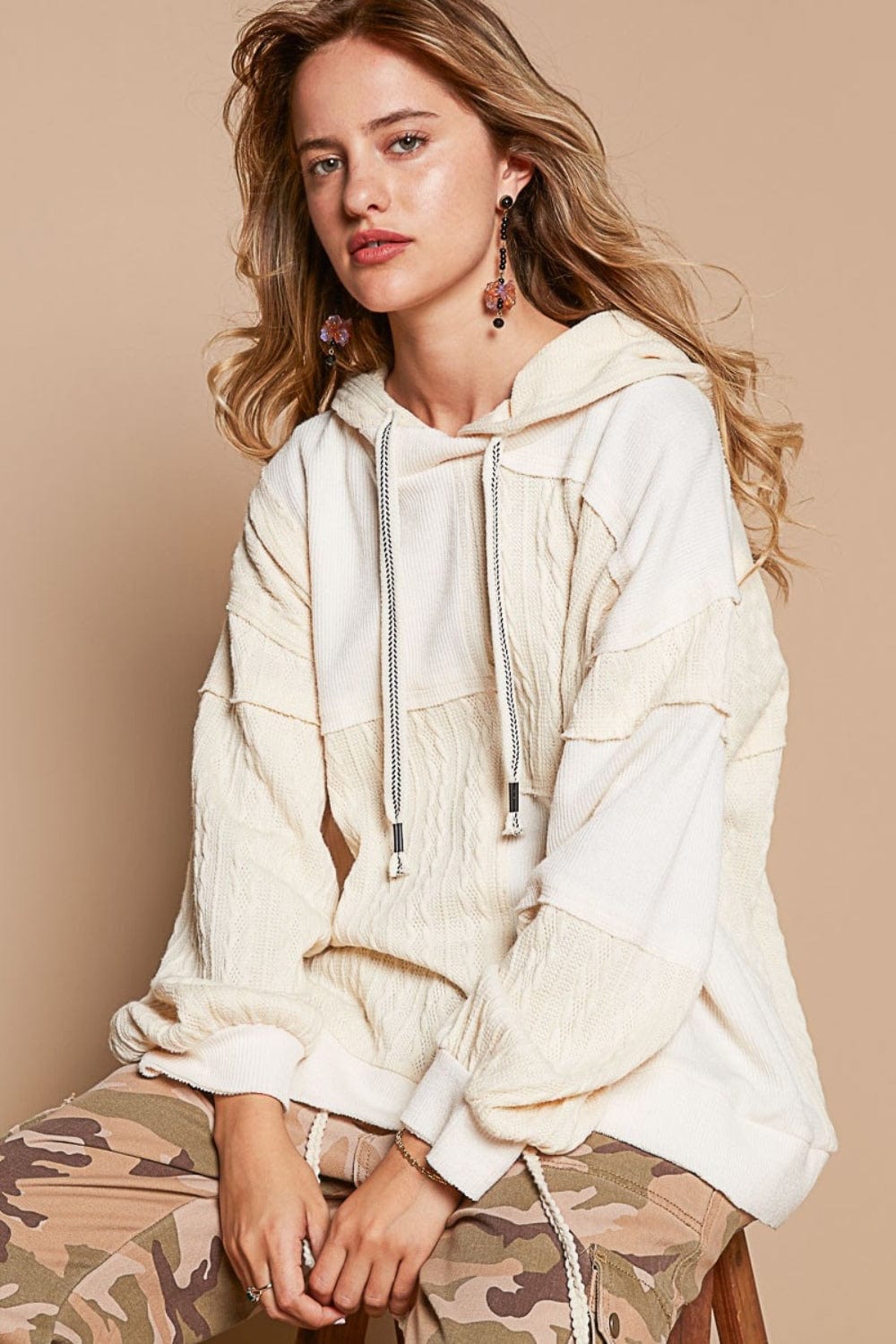 Tan POL Exposed Seam Hooded Knit Top