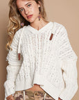 POL Rib Weave Sleeves Hooded Cable Knit Sweater