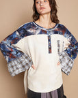 POL Round Neck Plaid Contrast Star Patch Blouse