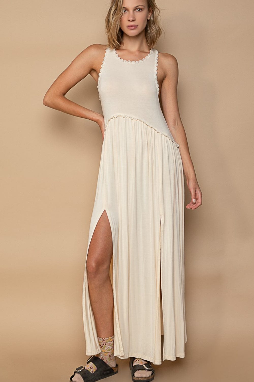 Rosy Brown POL Sleeveless Back Zipper Front Slit Maxi Dress