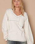 Tan POL V-Neck knit Panel Exposed Seam Top