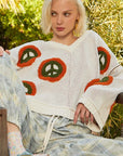 POL V Neck Long Sleeve Peace Pattern Sweater