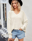 V-Neck Ribbed Dropped Shoulder Knit Top