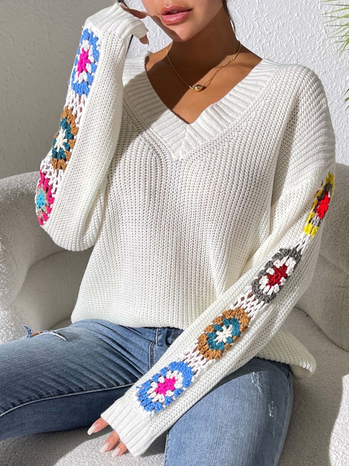 Gray Crochet Flower V-Neck Sweater