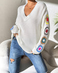 Gray Crochet Flower V-Neck Sweater