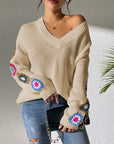 Rosy Brown Crochet Flower V-Neck Sweater