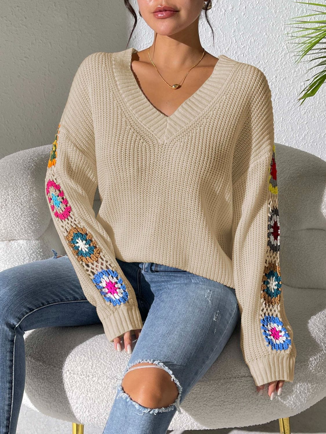 Rosy Brown Crochet Flower V-Neck Sweater