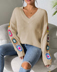 Rosy Brown Crochet Flower V-Neck Sweater