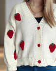 Crochet Strawberry V-Neck Long Sleeve Cardigan